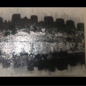 Skyscraper over the water Glitter and acrylic painting on canvas